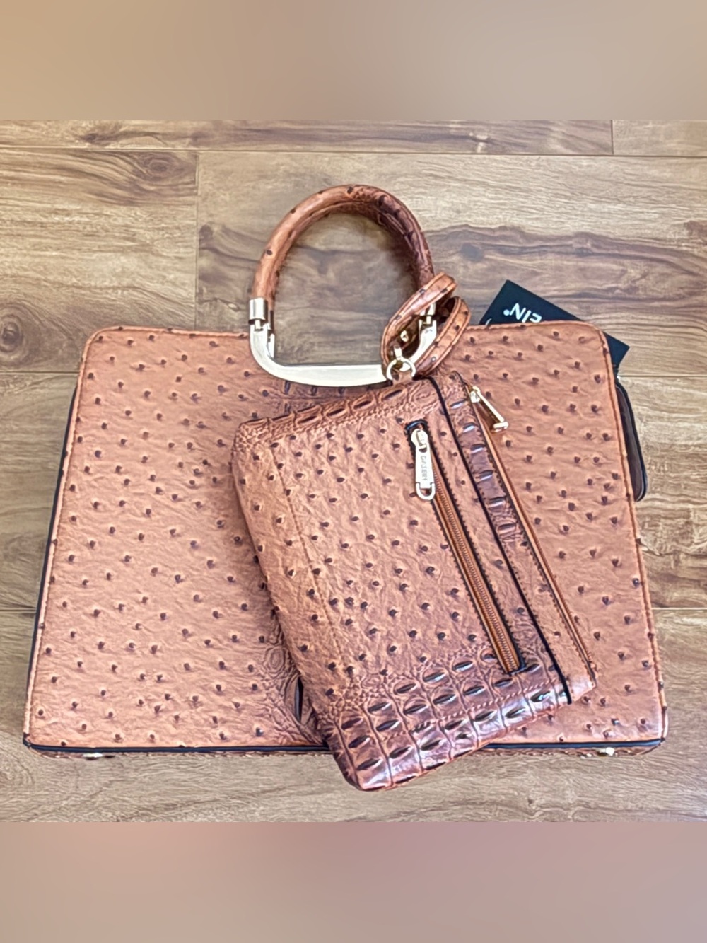Dasein NWT Brown Ostrich Croc Embossed Satchel Handbag + Clutch
